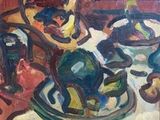 a painting of a table with a bowl of fruit on it