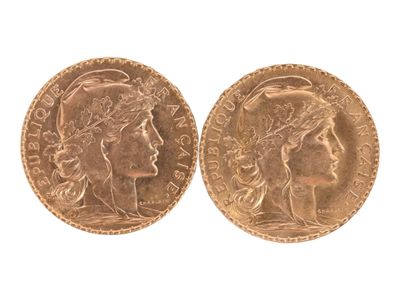 Deux pièces de 20 Francs or de coq de 1911 et 1912, (usures)… - Photo 1