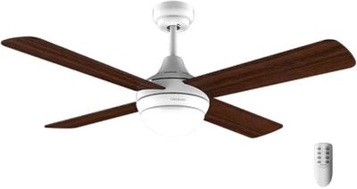 the ceiling fan is white and has a wooden blade and a remote control