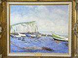 une peinture à l'huile représentant des bateaux sur une plage, avec des falaises en arrière-plan