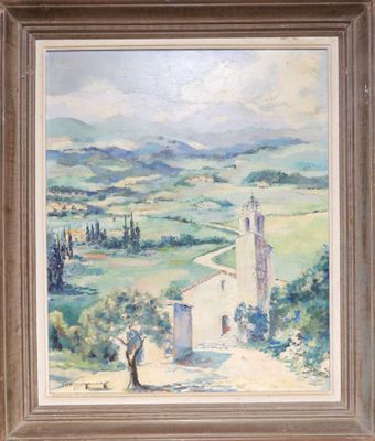 École du XXe siècle. Paysage de Provence à l'église. - Photo 1