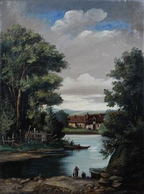tableau représentant une scène fluviale avec un homme et un chien sur la rive