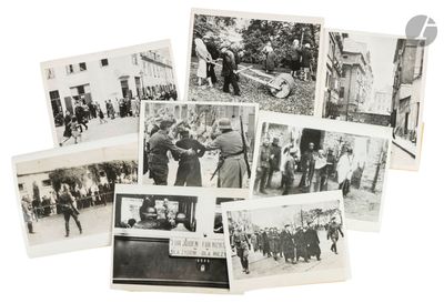 several old black and white photos of people in the street