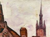 a painting of a man sitting on a bench in front of a building