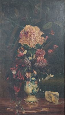 une peinture de fleurs dans un vase sur une table
