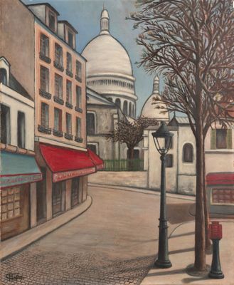 tableau représentant une scène de rue avec un lampadaire et un immeuble