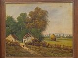 an oil painting of a farm scene with hay bales in the foreground