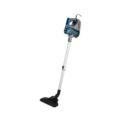 a blue and silver vacuum cleaner on a white background