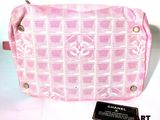 chanel pink checkered cosmetic bag with silver hardware