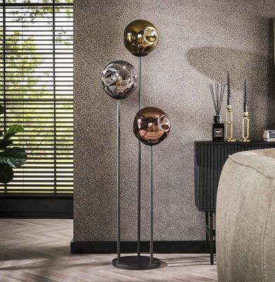Lampadaire 3 lampes en verre doré, cuivré et chromé - AMP- :…