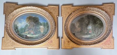 pair of paintings of a landscape in a gilded frame on a wall