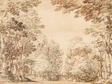 dessin représentant un paysage boisé avec un homme sur une charrette tirée par un cheval