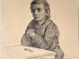 drawing of a young girl sitting at a table with her hands on her chest