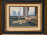 painting of a man sitting on a bench in front of a cityscape