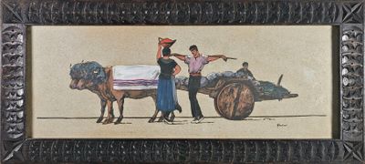 tableau représentant un homme et une femme avec une calèche