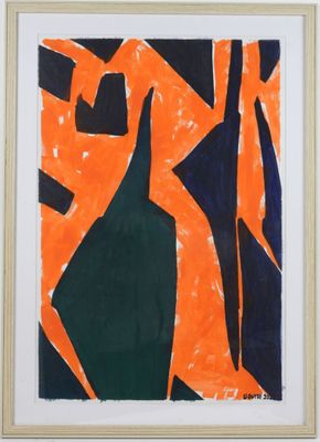 an orange and black abstract painting on a white background
