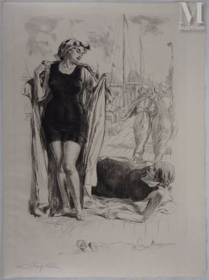dessin représentant une femme en maillot de bain debout à côté d'une vache