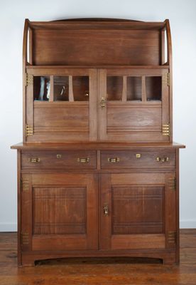a wooden cabinet with two doors and a glass front