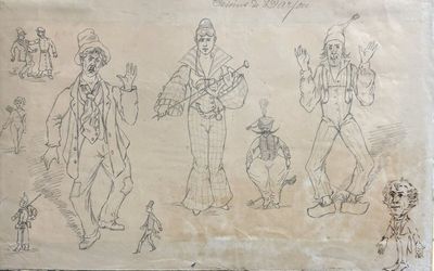 dessin représentant un groupe de personnes marchant dans la rue avec un chien