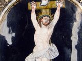a painting of jesus on the cross on the wall
