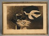 an image of a painting of a bird with a hat and a pipe