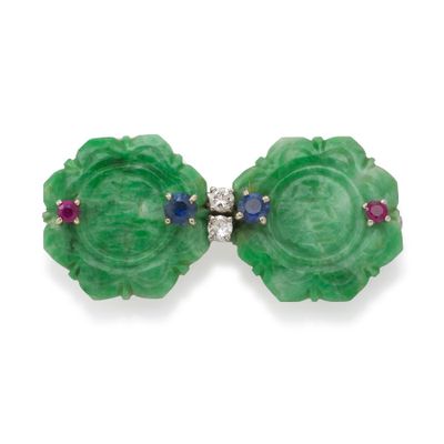 a pair of jade and sapphire ear clips, by van cleef