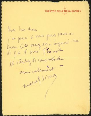 an old handwritten letter written in french on a yellow piece of paper