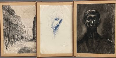 three black and white drawings of a woman and a man in a city