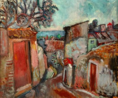 une peinture à l'huile représentant une scène de rue avec des bâtiments et un arbre