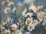 painting of daisies in a glass vase on a table