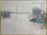 painting of a view of a harbor with boats and a lighthouse in the distance