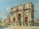 painting of a painting of a building with a clock tower in the background