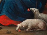 painting of a woman sitting on a couch with two lambs