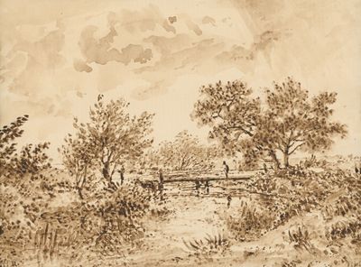 dessin représentant un paysage avec un pont et des arbres au premier plan