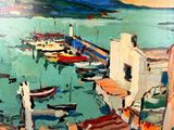 a painting of a harbor with boats in the water