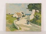 an oil painting of a couple walking down a road with houses in the background