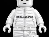 a lego man that is wearing a white jacket and hat