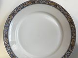 an image of a white plate with a blue and gold border