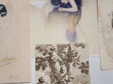 several old photos of a woman sitting on top of a white table