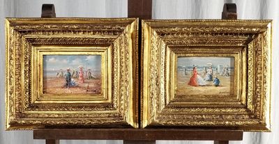 two paintings of a couple of people on a wooden easel