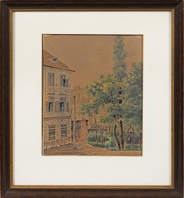 tableau représentant une scène de rue avec une maison et des arbres au premier plan
