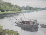 a painting of a boat in the water near a shore