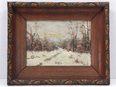 une peinture à l'huile représentant un paysage enneigé avec un sentier au premier plan