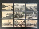 several old black and white photographs of people and vehicles on a street