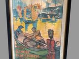 tableau représentant un homme dans un bateau sur l'eau, avec d'autres bateaux en arrière-plan