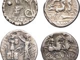 four ancient roman coins, one of which is a horse and the other of which is a man