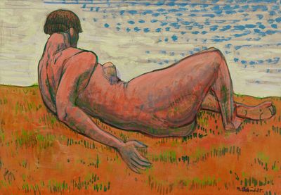 a painting of a man laying on the grass