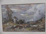 a picture of a picture of a painting of a mountain scene
