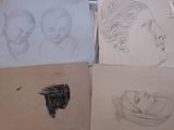 several drawings of a woman ' s face and a baby ' s head