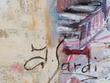 a painting of a red bench on the side of a building